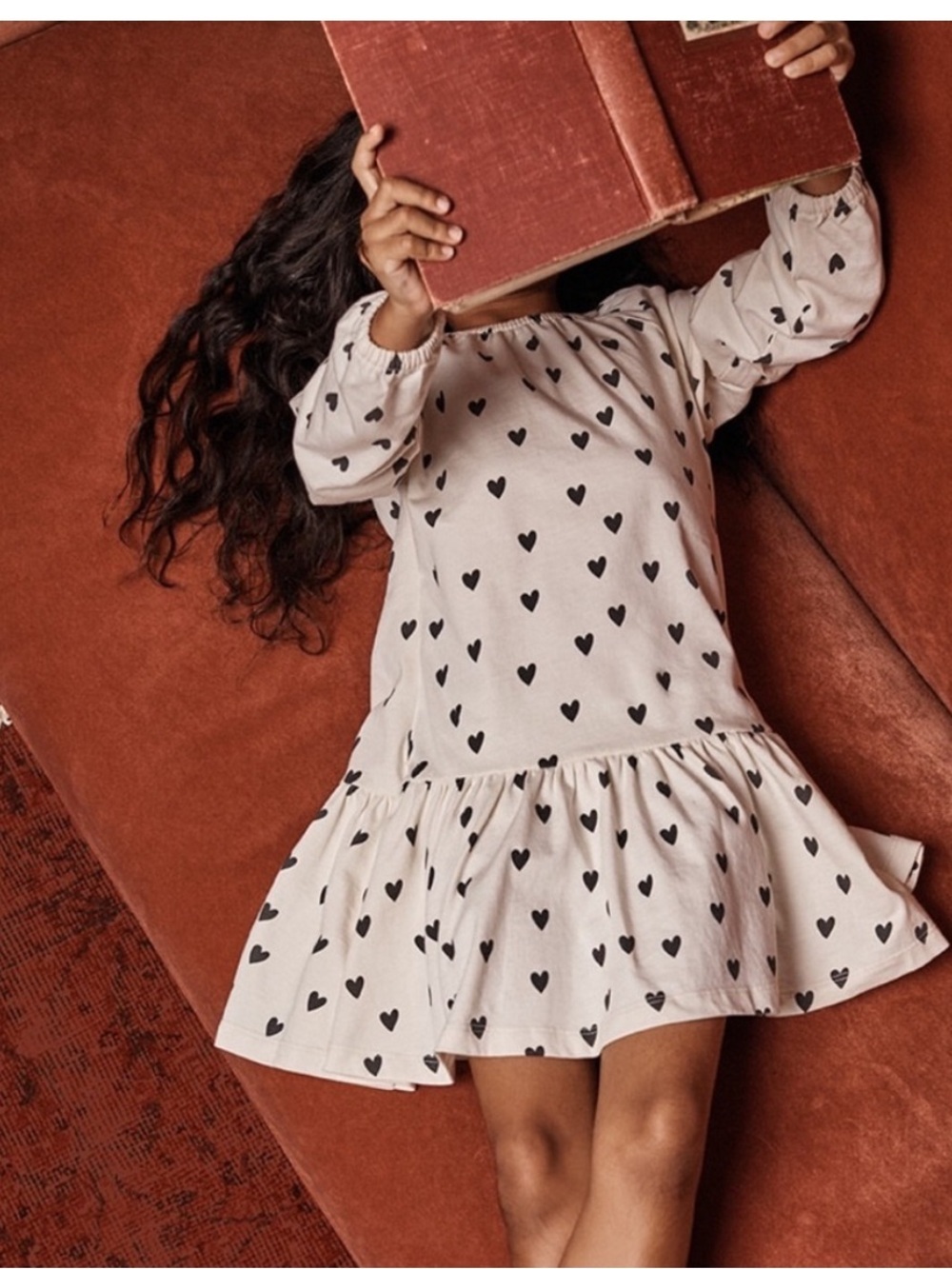 Hanna Andersson Long Sleeve Cream Dress with Black Hearts Girls 8